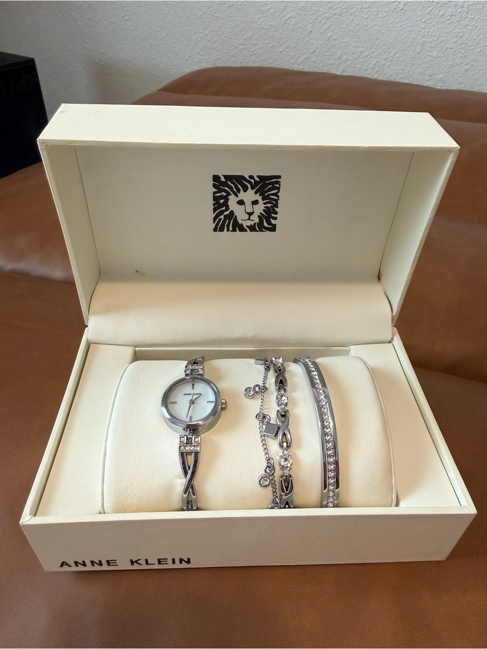 Anne Klein Silver-Tone Watch and Bracelet Set with Crystal Accents
